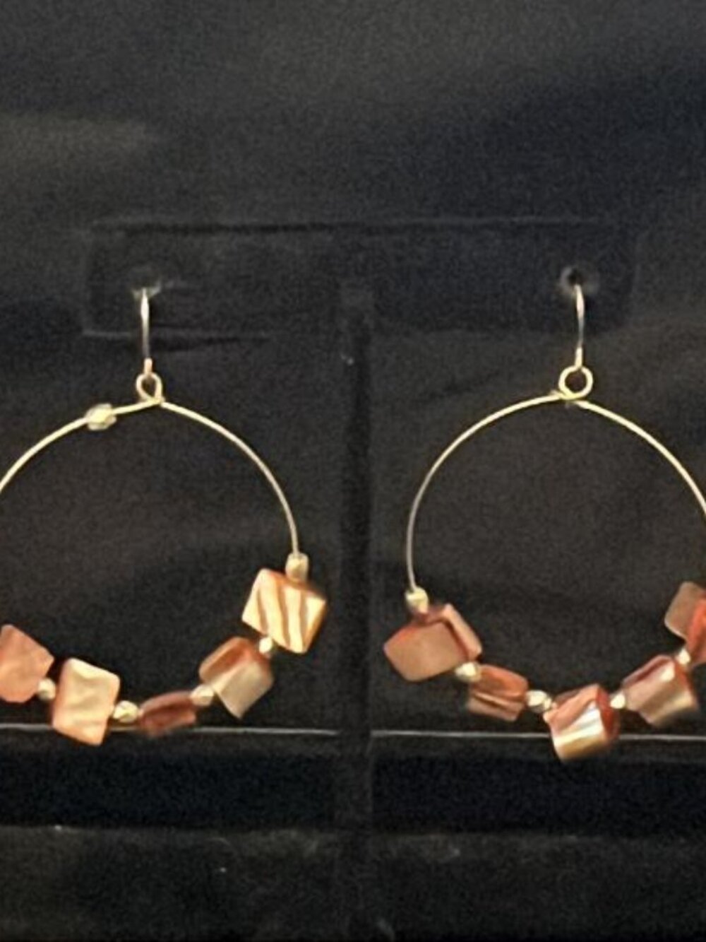 Silver Tone Wire Hoops with Orangish Chip Bead Earrings